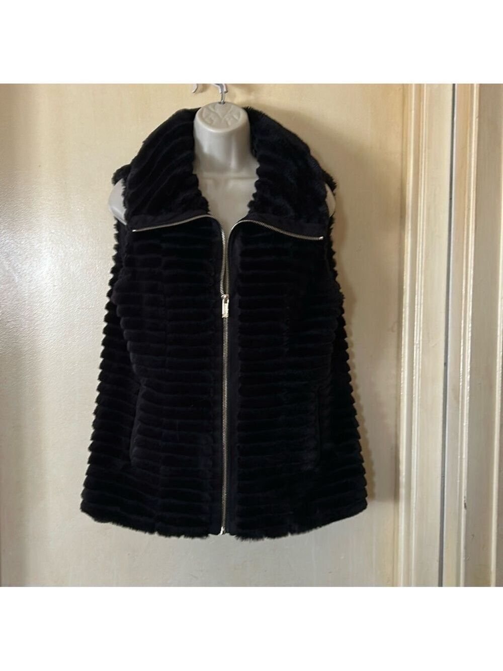 Calvin Klein ribbed faux fur vest in black, size S